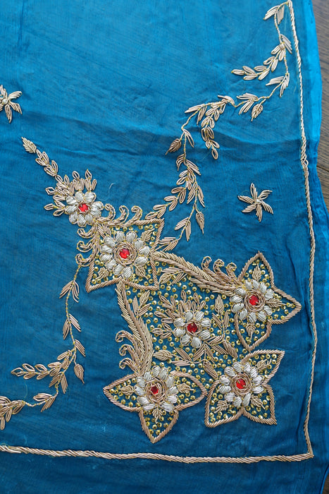 Blue Vintage Zardosi Silk Chiffon Dupatta - Preloved