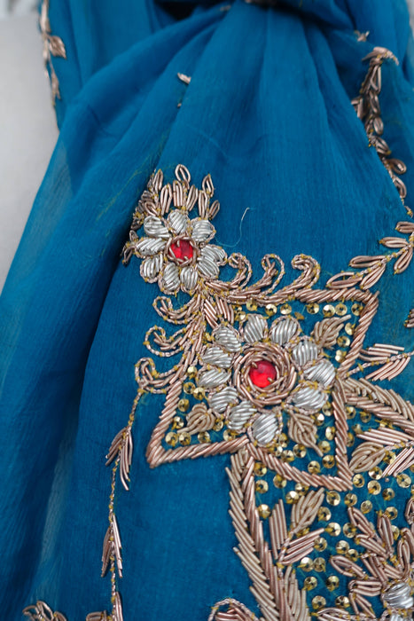 Blue Vintage Zardosi Silk Chiffon Dupatta - Preloved