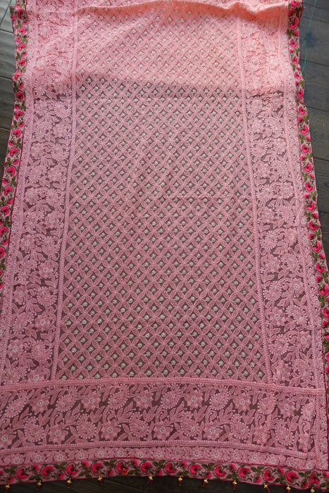 Soft Pink Chiffon Embroidered With Floral Trim - Preloved