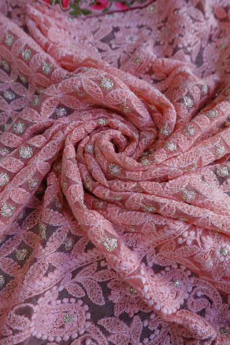 Soft Pink Chiffon Embroidered With Floral Trim - Preloved