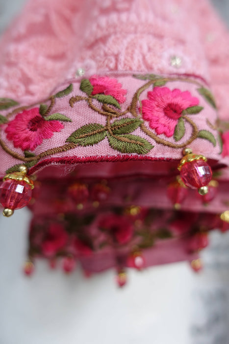 Soft Pink Chiffon Embroidered With Floral Trim - Preloved