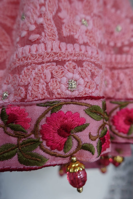 Soft Pink Chiffon Embroidered With Floral Trim - Preloved