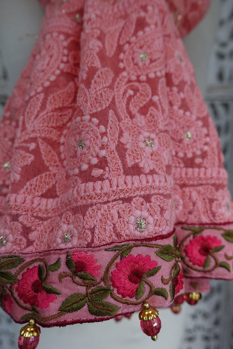 Soft Pink Chiffon Embroidered With Floral Trim - Preloved