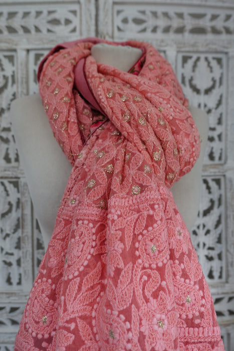 Soft Pink Chiffon Embroidered With Floral Trim - Preloved