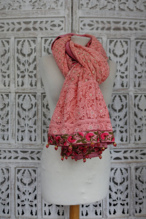 Soft Pink Chiffon Embroidered With Floral Trim - Preloved