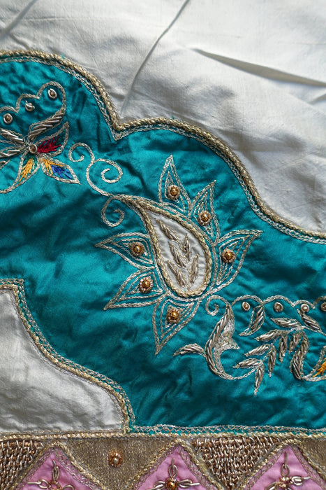 Cream Vintage Silk With Pale Pink And Blue Silk Zardosi - New