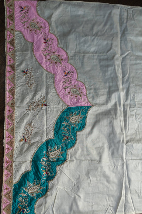 Cream Vintage Silk With Pale Pink And Blue Silk Zardosi - New