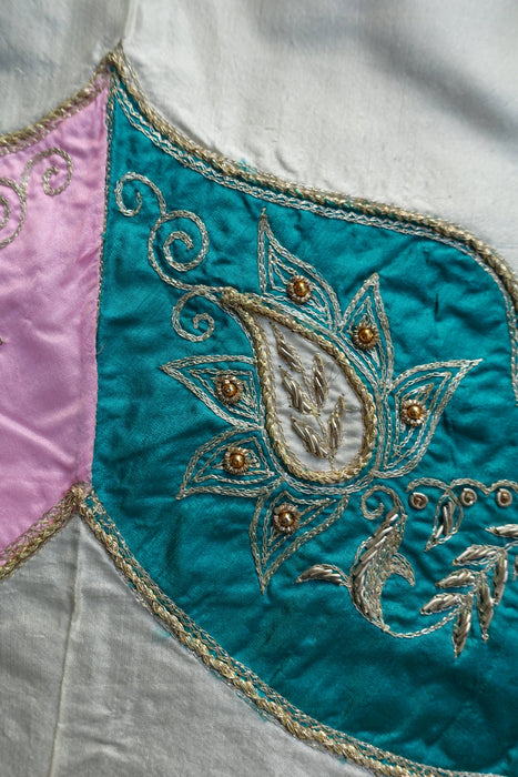 Cream Vintage Silk With Pale Pink And Blue Silk Zardosi - New