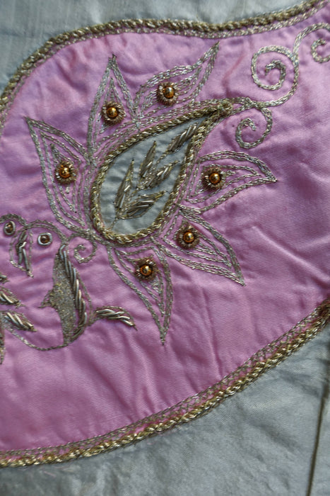 Cream Vintage Silk With Pale Pink And Blue Silk Zardosi - New