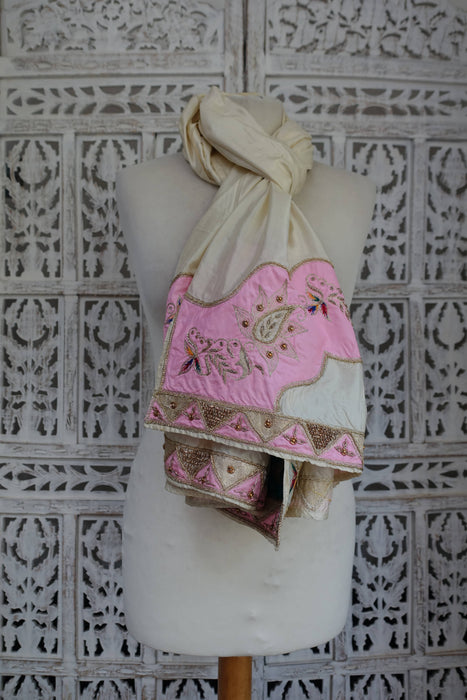 Cream Vintage Silk With Pale Pink And Blue Silk Zardosi - New