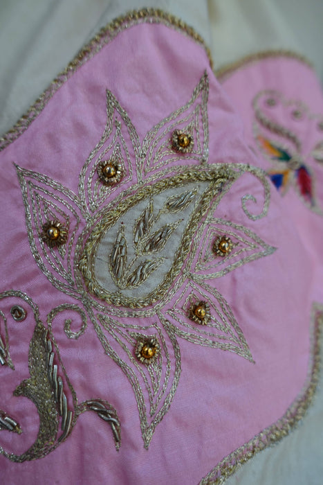 Cream Vintage Silk With Pale Pink And Blue Silk Zardosi - New