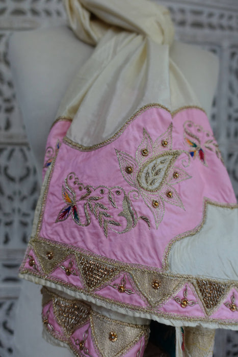 Cream Vintage Silk With Pale Pink And Blue Silk Zardosi - New