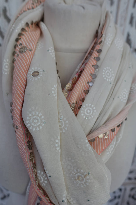 Off White With Light Pink Trim And Silver Metalwork Dupatta - New