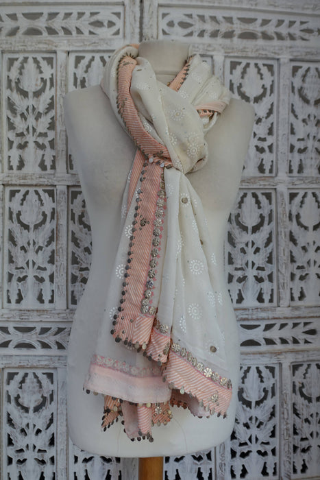 Off White With Light Pink Trim And Silver Metalwork Dupatta - New