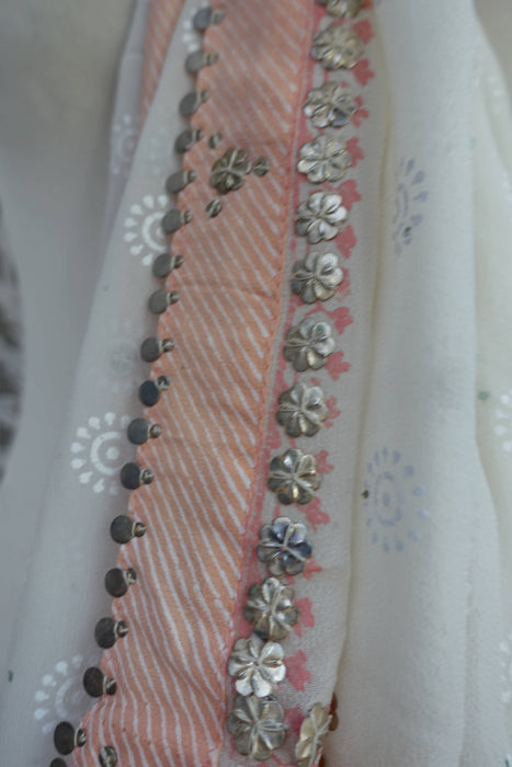 Off White With Light Pink Trim And Silver Metalwork Dupatta - New