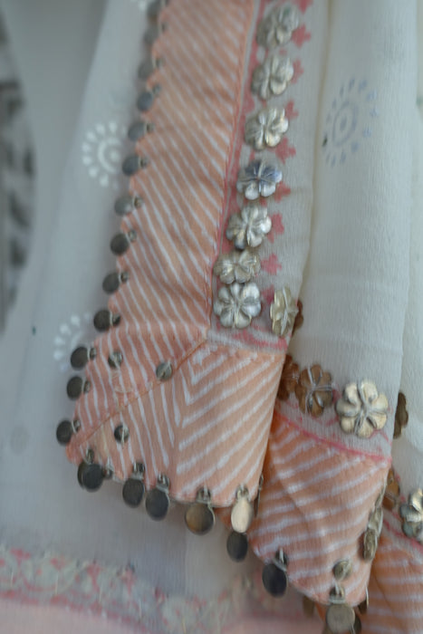 Off White With Light Pink Trim And Silver Metalwork Dupatta -  New