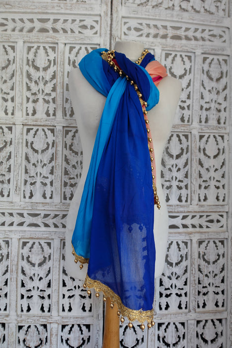 Multicoloured Silk Dupatta With Gold Bead Trim - Preloved