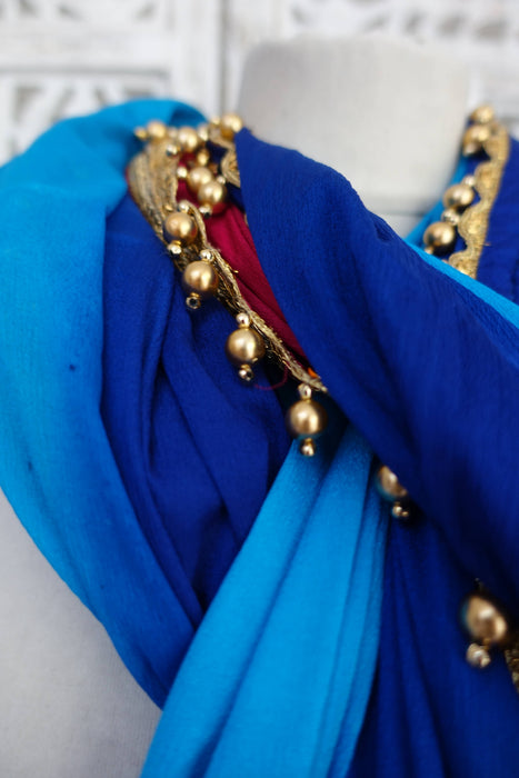 Multicoloured Silk Dupatta With Gold Bead Trim - Preloved