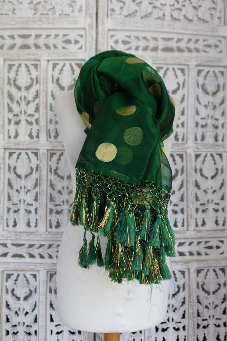 Green And Gold Spot Vintage Voile Dupatta - New