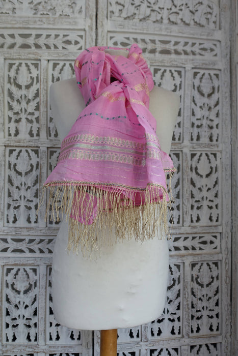 Pink Vintage Shawl With Gold Fringe - New