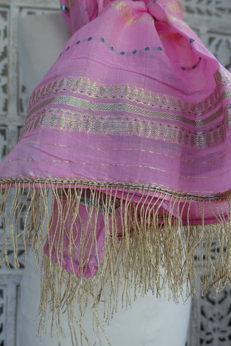 Pink Vintage Shawl With Gold Fringe - New