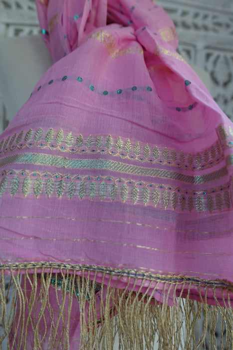Pink Vintage Shawl With Gold Fringe - New