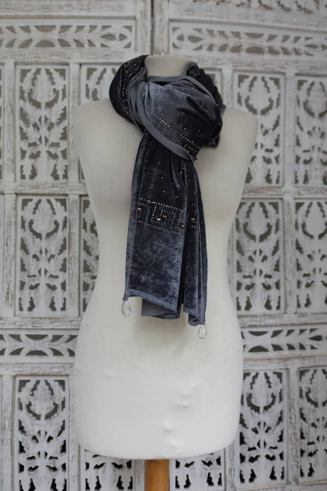 Slate Grey With Diamante Stones Dupatta - New
