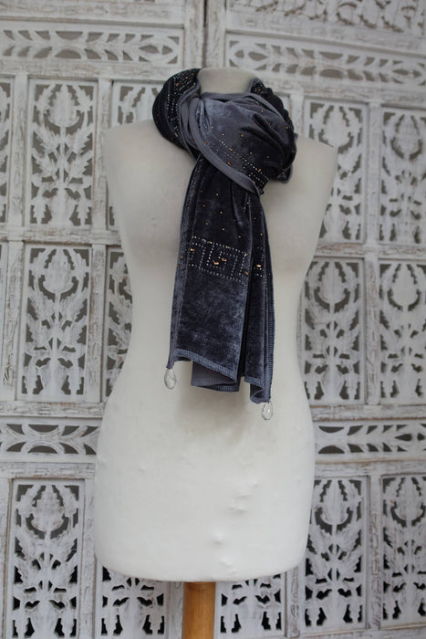 Slate Grey With Diamante Stones Dupatta - New