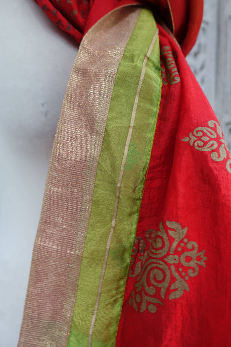 Red Silk Blend Gold Block Print - New