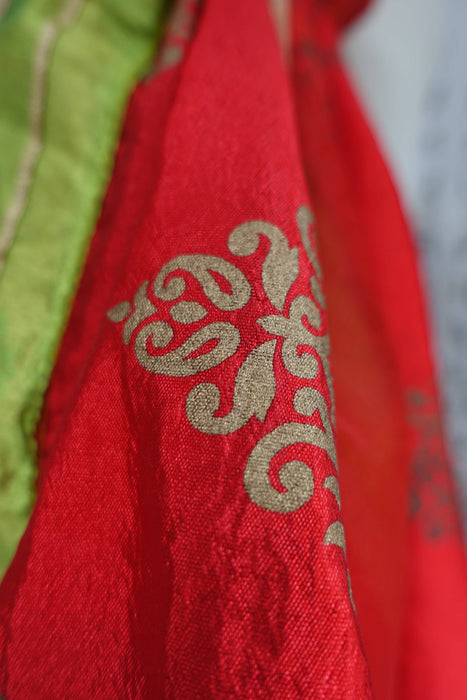 Red Silk Blend Gold Block Print - New