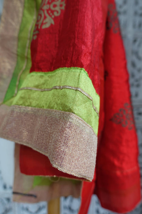 Red Silk Blend Gold Block Print - New