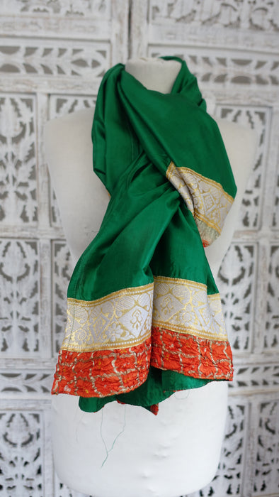 Green Silk With Orange And Gold Banarsi Vintage Dupatta - New