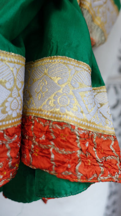 Green Silk With Orange And Gold Banarsi Vintage Dupatta - New