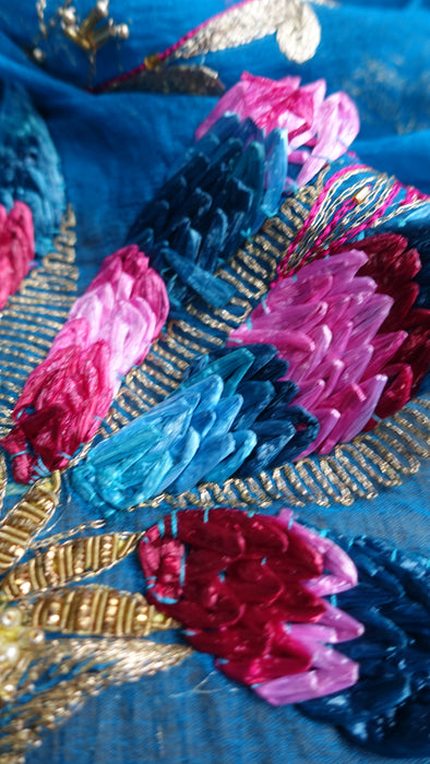 Peacock Blue Silk Chiffon Embellished Dupatta - New