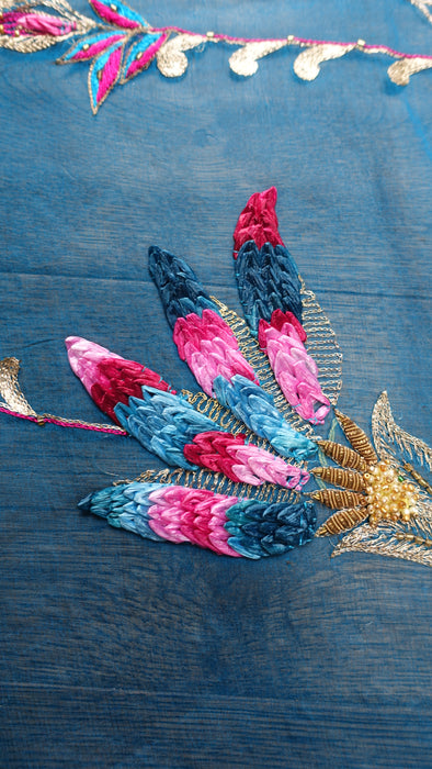 Peacock Blue Silk Chiffon Embellished Dupatta - New