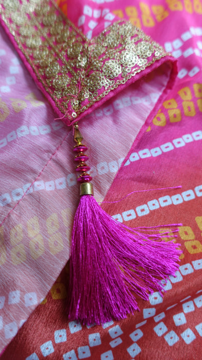 Pink Bandhani Dupatta With Gold Braid And Tassels - New