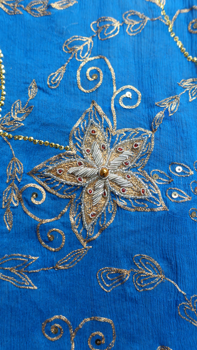 Blue Vintage Silk Chiffon Dupatta With Zardosi Flowers- New