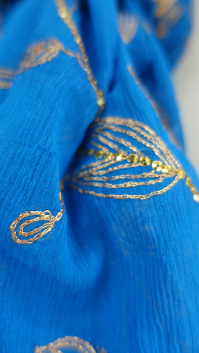 Blue Vintage Silk Chiffon Dupatta With Zardosi Flowers- New