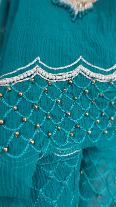 Teal Silk Chiffon Embroidered Dupatta - New