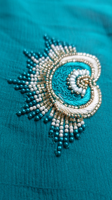 Teal Silk Chiffon Embroidered Dupatta - New
