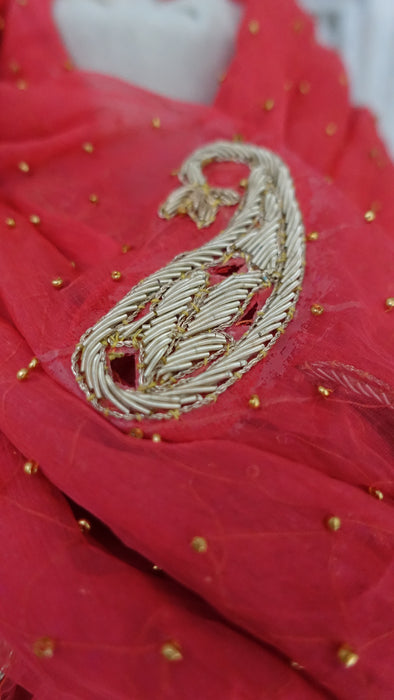 Peachy Orange Vintage Zardosi Paisley Dupatta - New