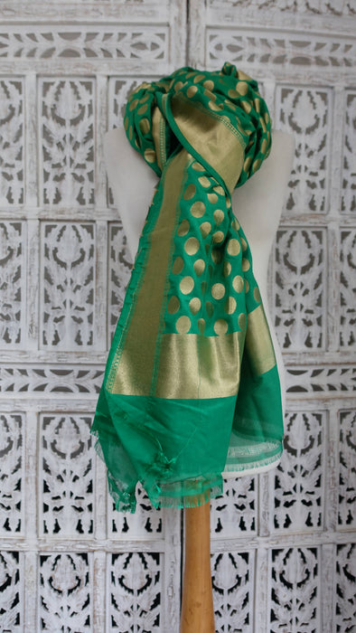 Green And Gold Spot Banarsi Dupatta - New