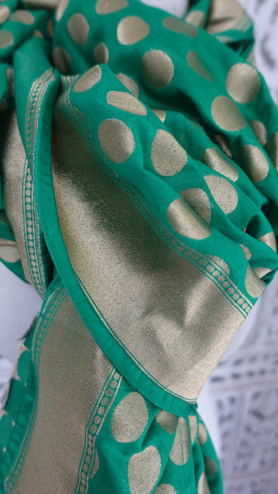 Green And Gold Spot Banarsi Dupatta - New
