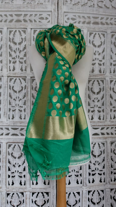 Green And Gold Spot Banarsi Dupatta - New