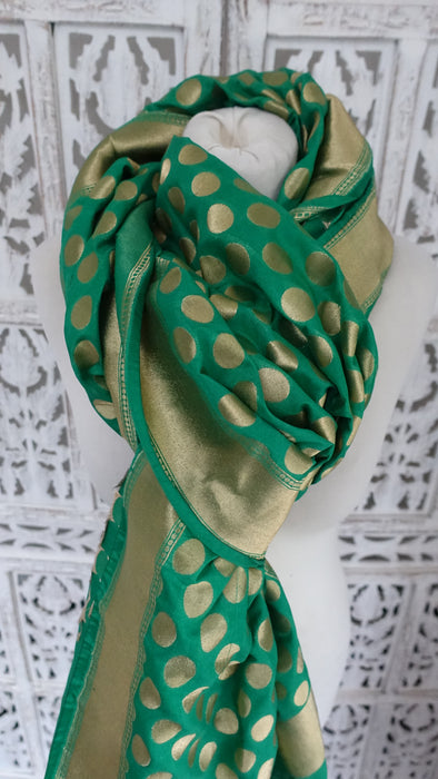 Green And Gold Spot Banarsi Dupatta - New