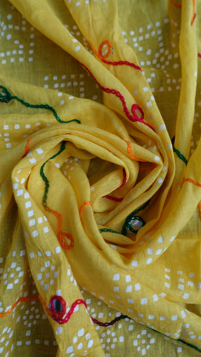Green And Yellow Cotton Bandhani Print Dupatta - New