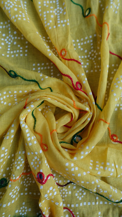 Green And Yellow Cotton Bandhani Print Dupatta - New