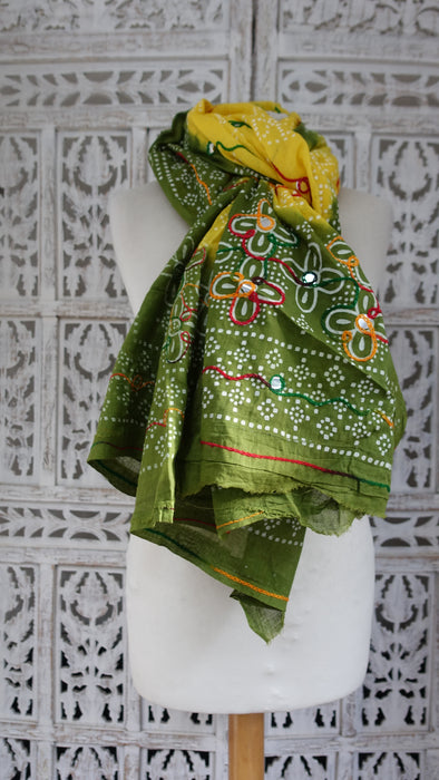 Green And Yellow Cotton Bandhani Print Dupatta - New