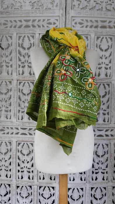 Green And Yellow Cotton Bandhani Print Dupatta - New