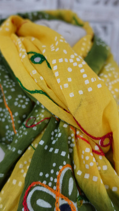 Green And Yellow Cotton Bandhani Print Dupatta - New